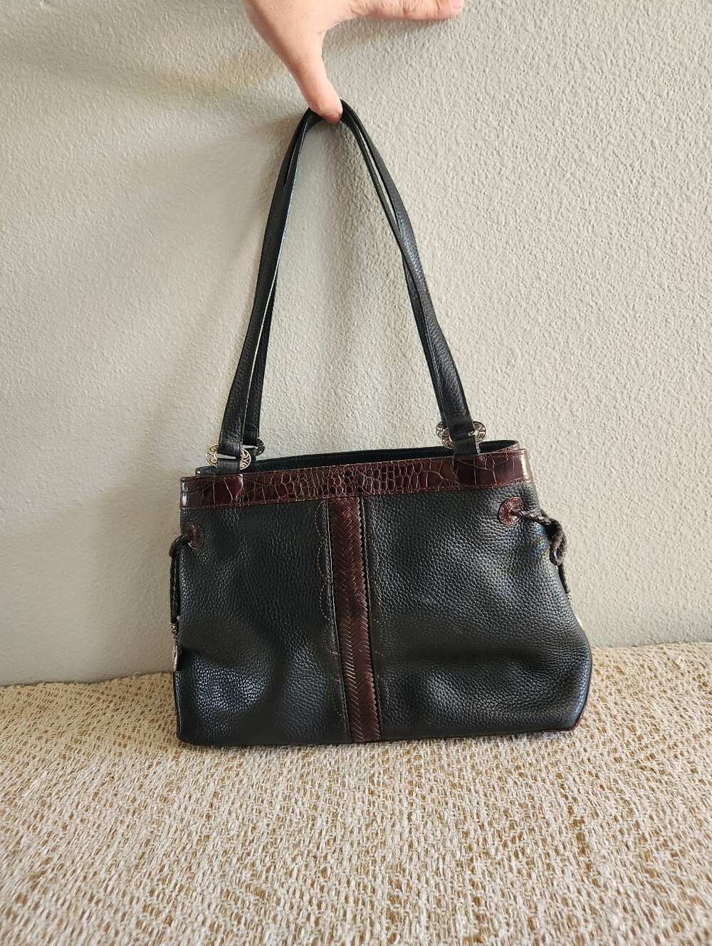 Brighton Multi-Texture Leather Shoulder Bag - Black & Croc/Braided Brown Trim